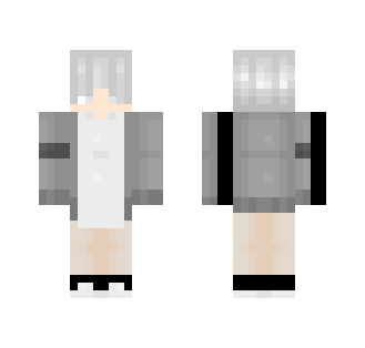 White hair grey cardigan