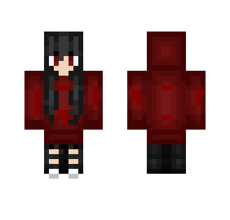 Black haired girl in a Red hoodie.